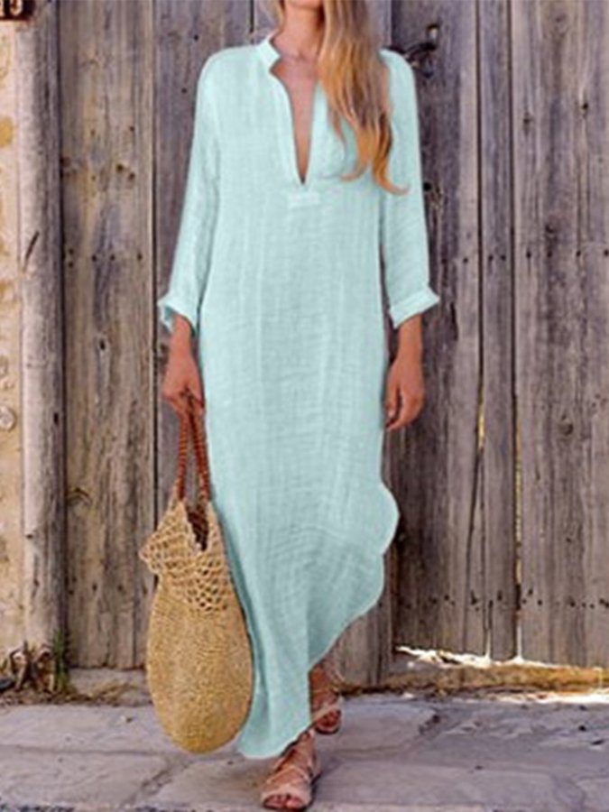 Simple Linen V Neck Summer Dress for Women