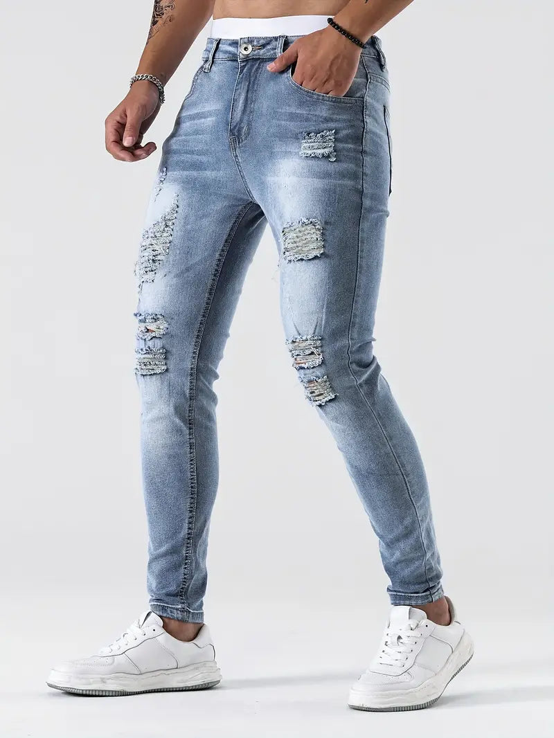 Men's Ripped Skinny Jeans Distressed Denim Dark Blue