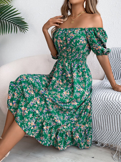 Women's Floral Ruffle Dress Square Neck High Waist