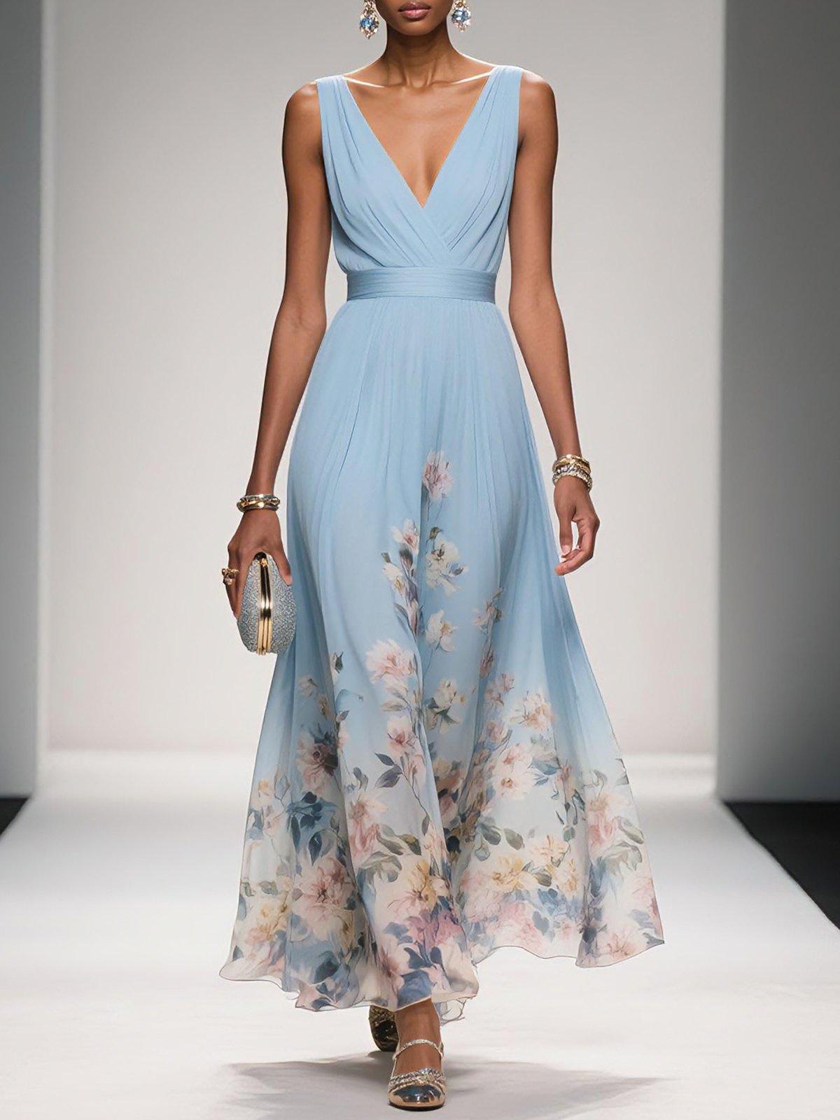 Women's Floral Maxi Dress Sleeveless V-Neck Wide Straps - VibreMode