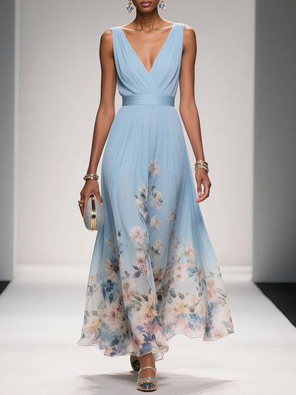 Women's Floral Maxi Dress Sleeveless V-Neck Wide Straps - VibreMode