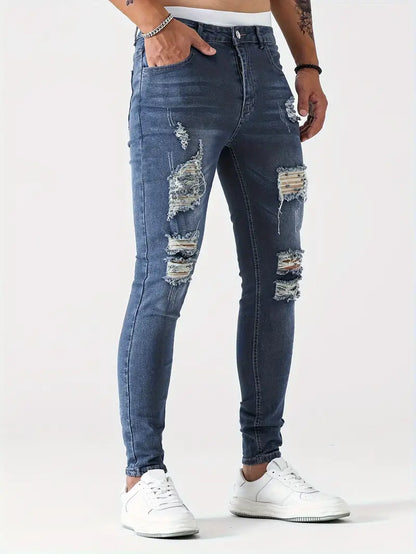 Men's Ripped Skinny Jeans Distressed Denim Dark Blue