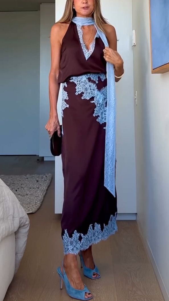 Beautiful Blue and Brown Floral Lace Dress Set - VibreMode
