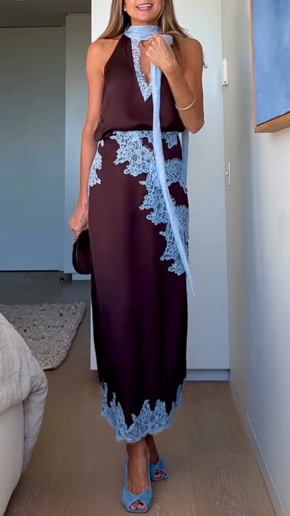 Beautiful Blue and Brown Floral Lace Dress Set