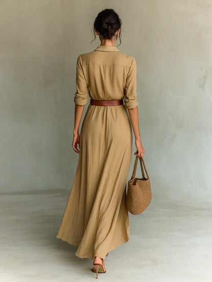 Elegant Long Sleeve Waist Belt Maxi Dress