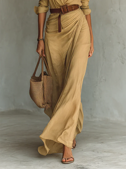 Elegant Long Sleeve Waist Belt Maxi Dress