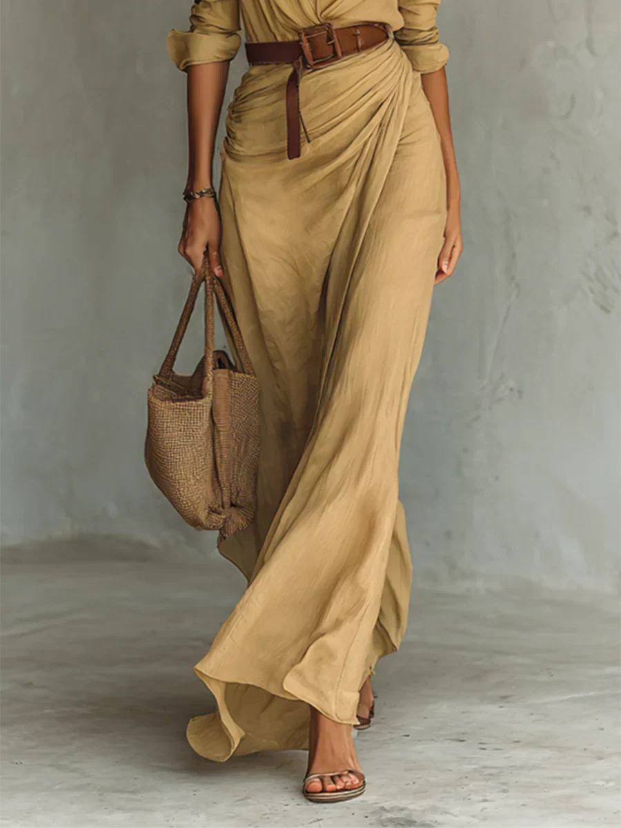 Women's Long Sleeve Maxi Dress Belted