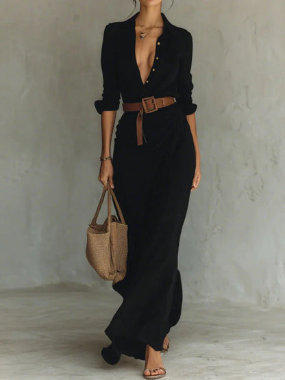 Elegant Long Sleeve Waist Belt Maxi Dress