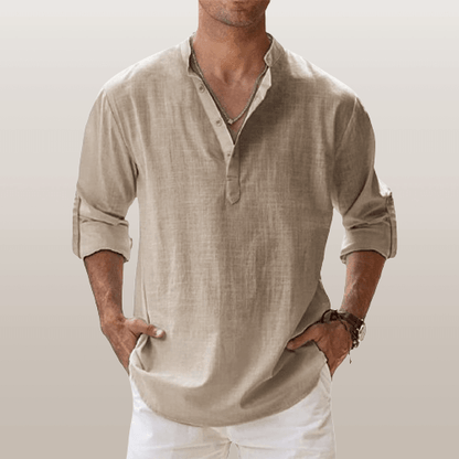 Men's Linen Blend Henley Shirt Long Sleeve Casual Beige