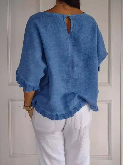 Women's Ruffle Blouse Half-Sleeve Round Neck Cotton