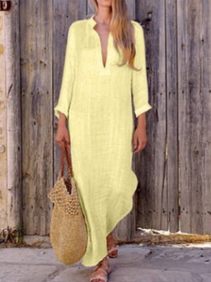 Simple Linen V Neck Summer Dress for Women