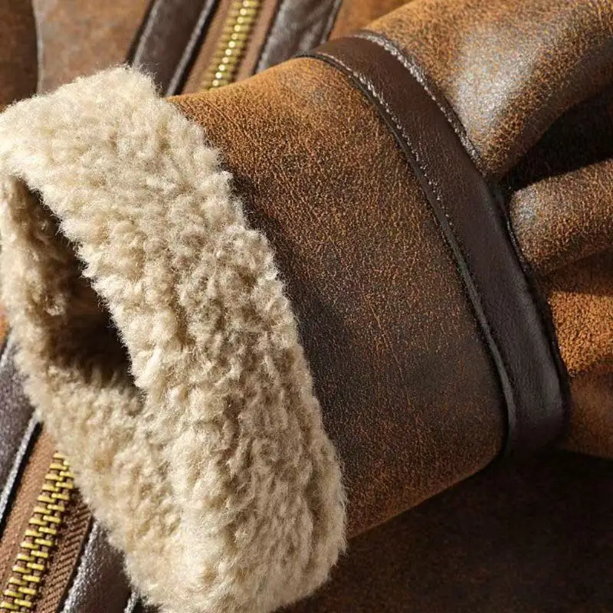 Men's Retro Shearling Leather Jacket Warm Fur Lining
