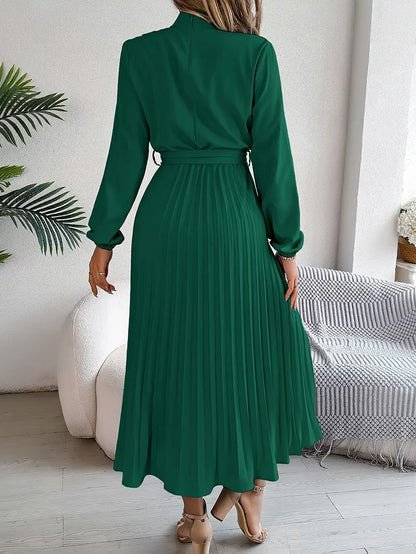 Women's Pleated Midi Dress Belted Waist