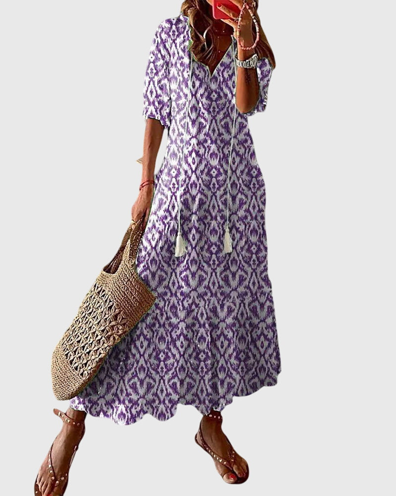 Trendy Floral V Neck Tassel Maxi Dress