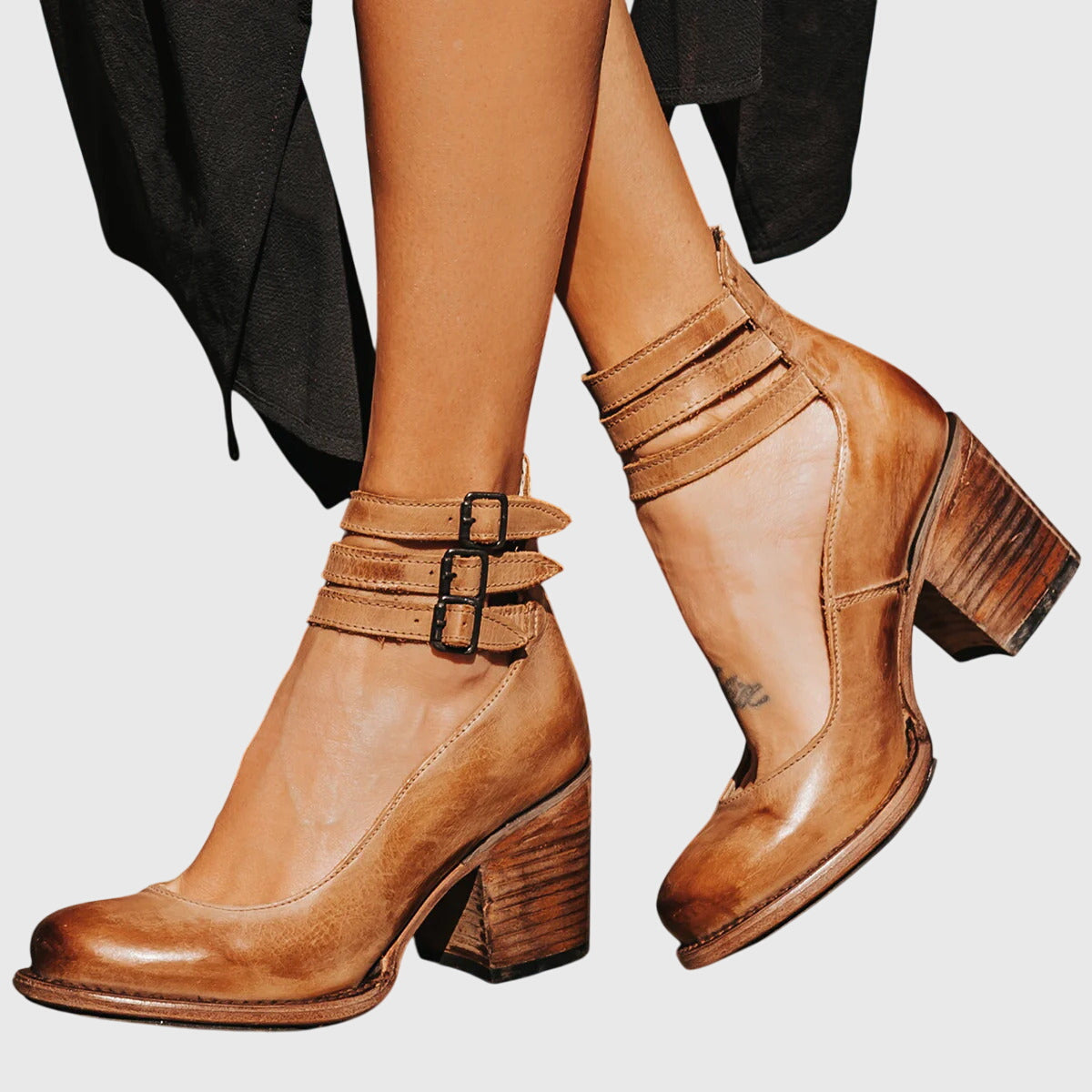Ladies Buckled Ankle Block Heel Boots - VibreMode
