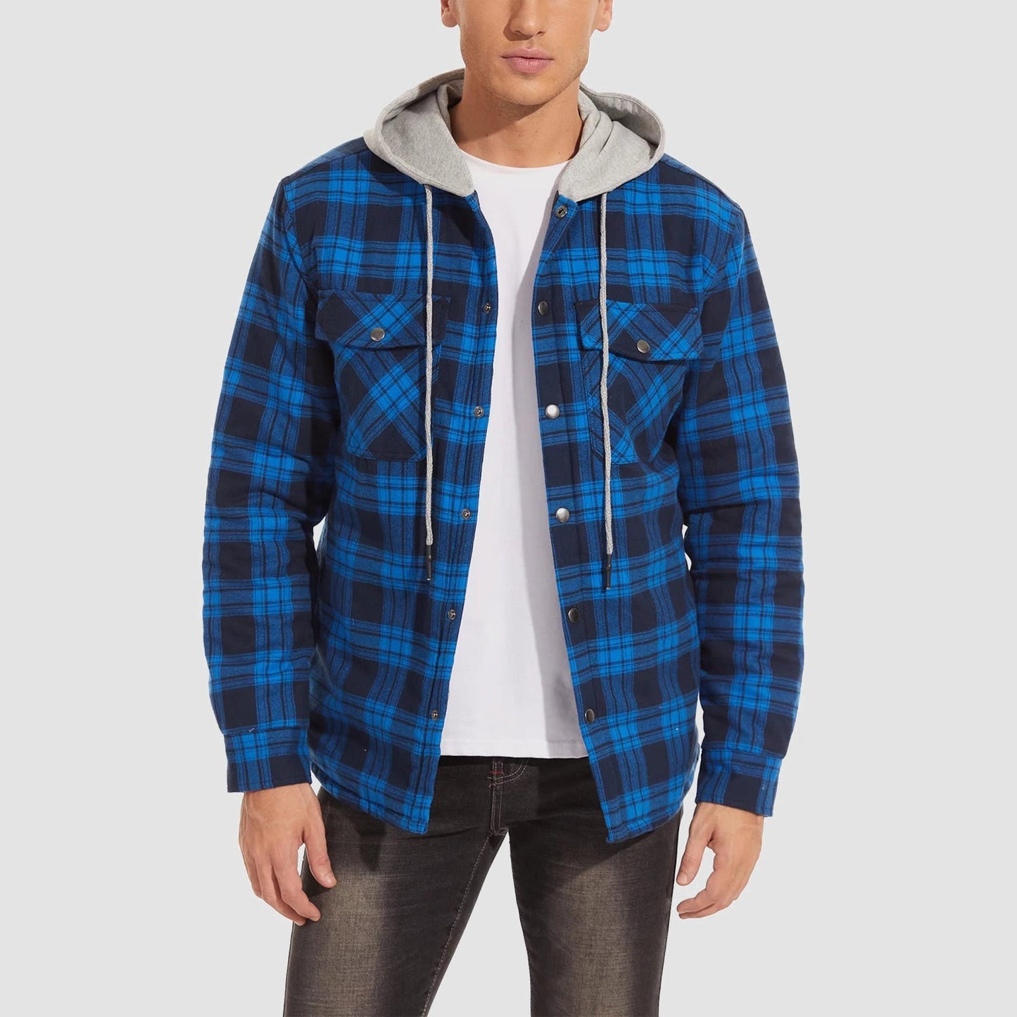 Men's Quilted Flannel Jacket With Hood Warm