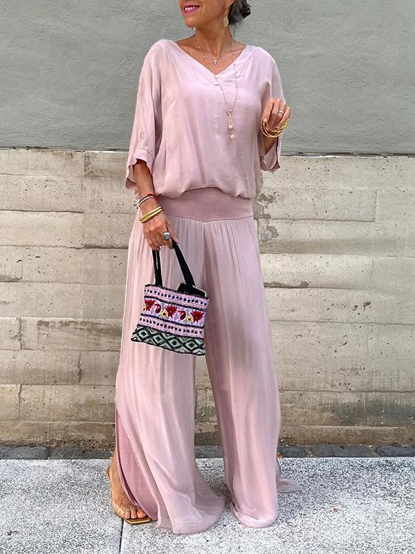 Green Women's V-Neck Flare Sleeve Loose Fit Jumpsuit Set