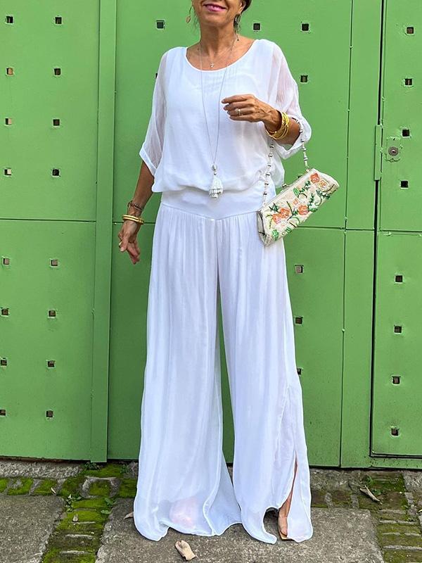 Green Women's V-Neck Flare Sleeve Loose Fit Jumpsuit Set