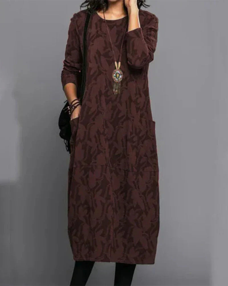 Women's Midi Dress Long Sleeves Printed Round Neck