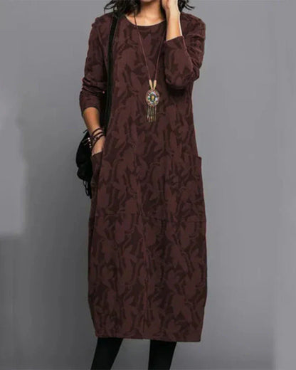 Women's Midi Dress Long Sleeves Printed Round Neck