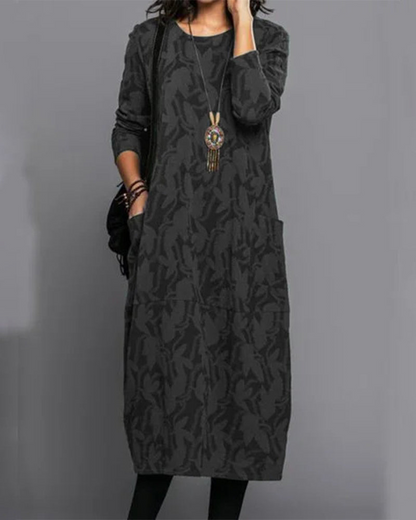 Women's Midi Dress Long Sleeves Printed Round Neck