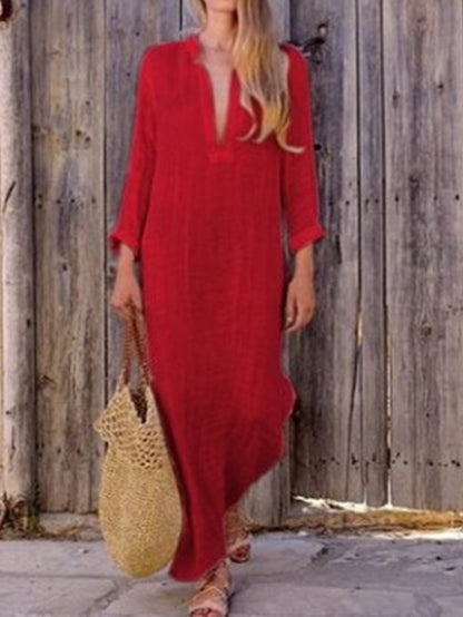 Simple Linen V Neck Summer Dress for Women