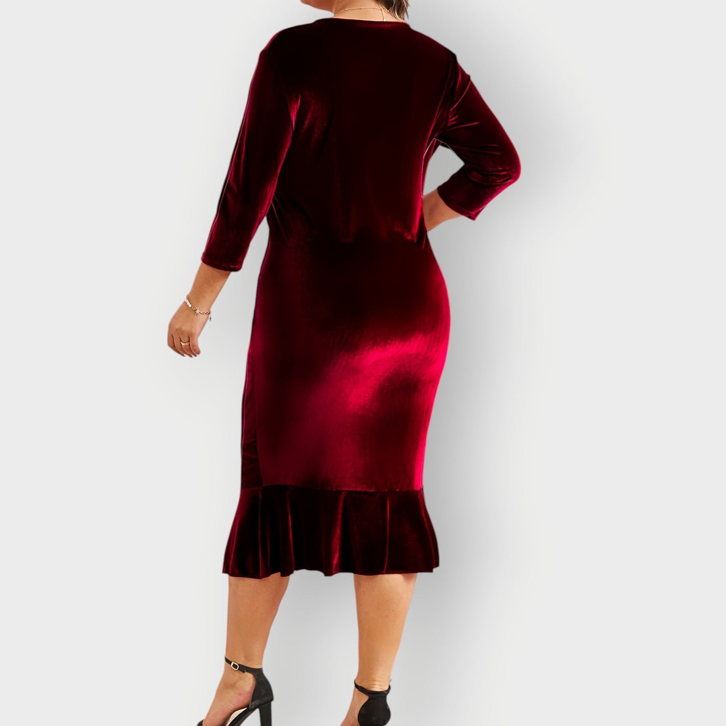 Women's Velvet Midi Dress Ruffle Detail