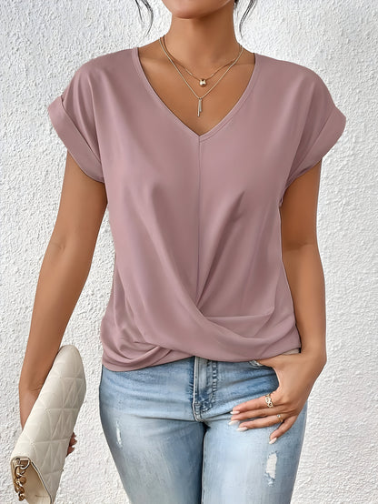 Chic V Neck Twist Front Ladies Summer Tee