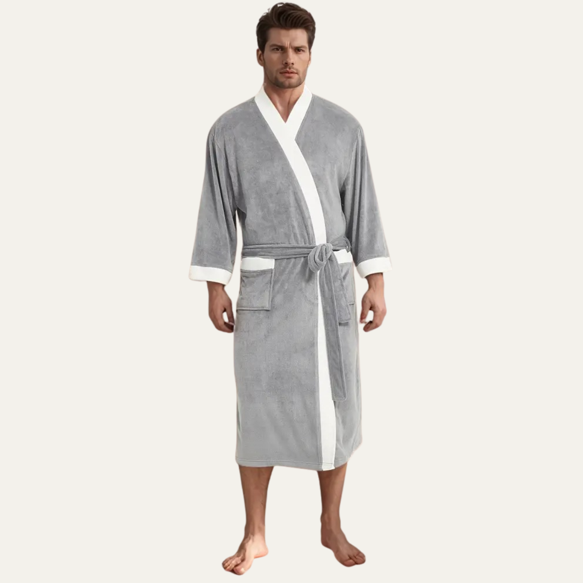 Men's Lightweight Spa Bathrobe Kimono Soft Cotton Beige