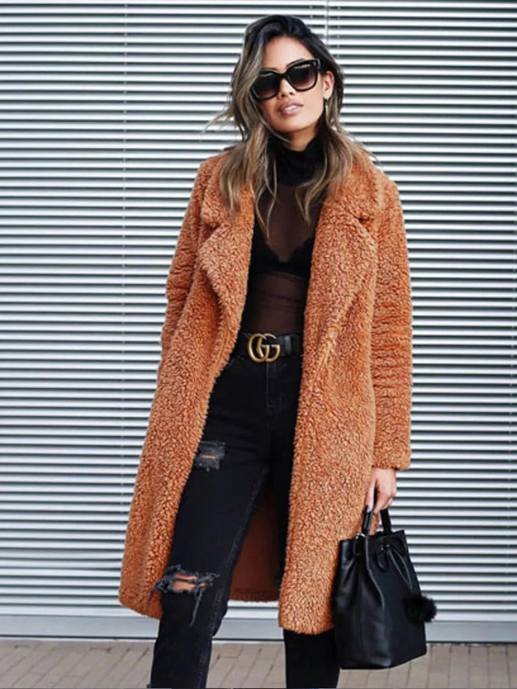 Women's Long Teddy Coat Oversized Warm Beige