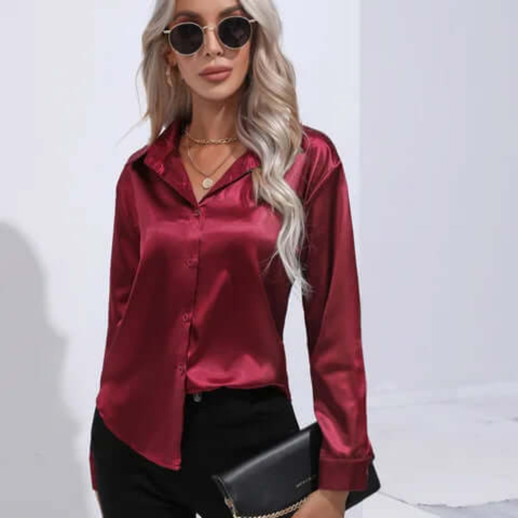 Women's Long Sleeve Satin Blouse Loose Fit
