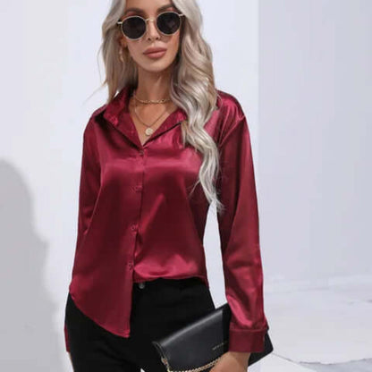 Women's Satin Long Sleeve Blouse Loose Fit