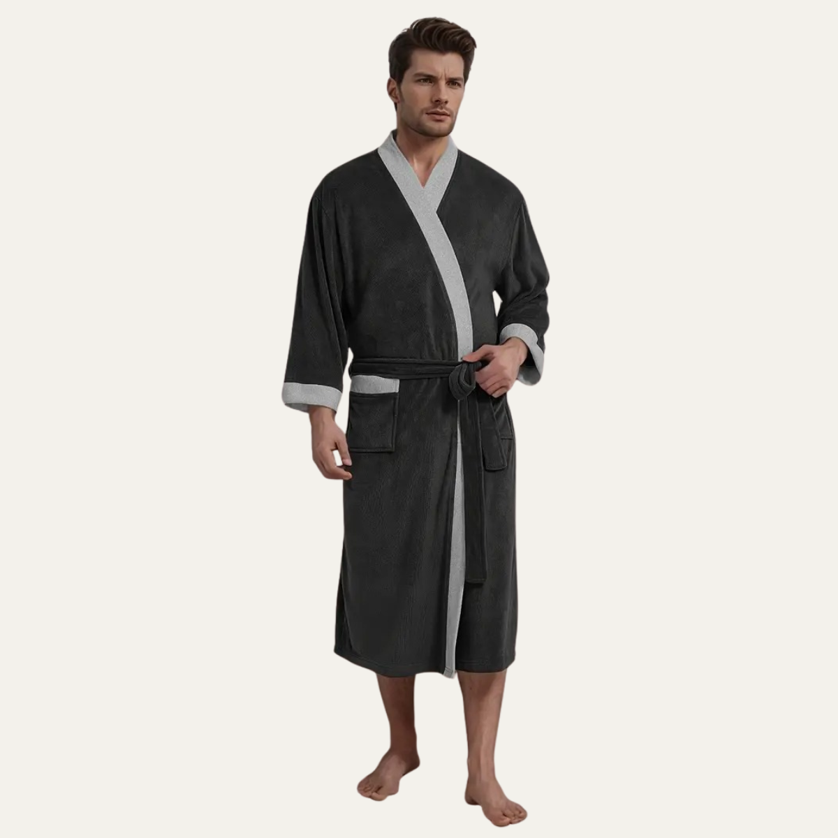 Men's Lightweight Spa Bathrobe Kimono Soft Cotton Beige
