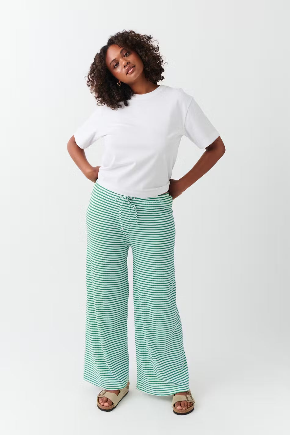 Women's Wide Leg Pants Horizontal Striped Drawstring Waist Full Length