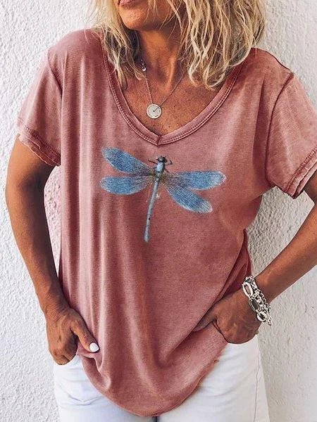 Women's V-Neck Short Sleeve Tee Dragonfly Print Casual - VibreMode