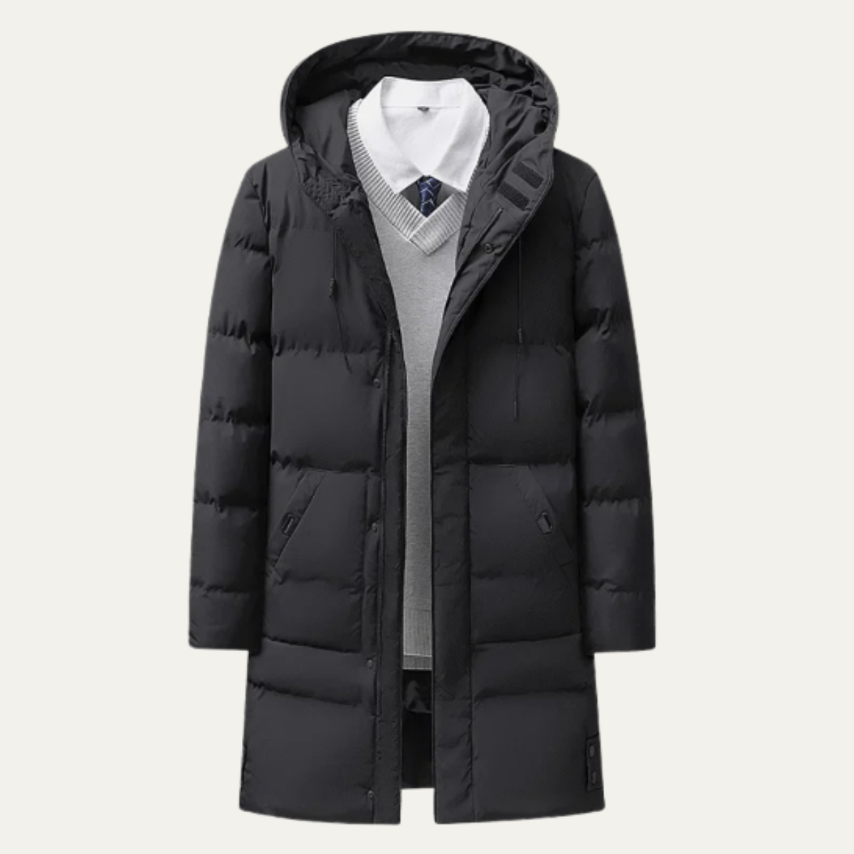 Men's Long Hooded Puffer Jacket Cotton Padding - VibreMode