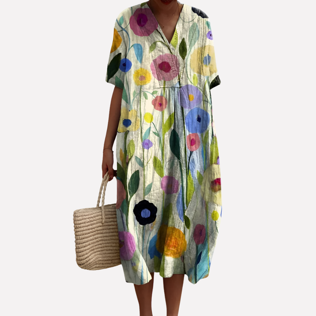 Women's Floral V-Neck Short Sleeve Summer Dress