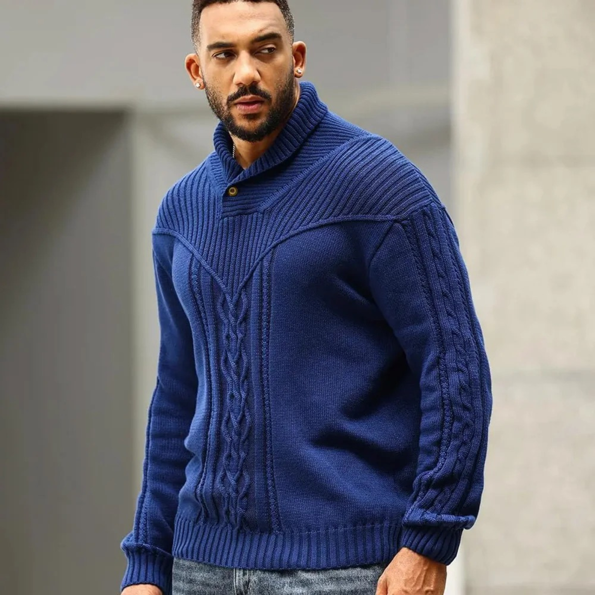 Men's Ribbed Knit Winter Sweater Button Neck