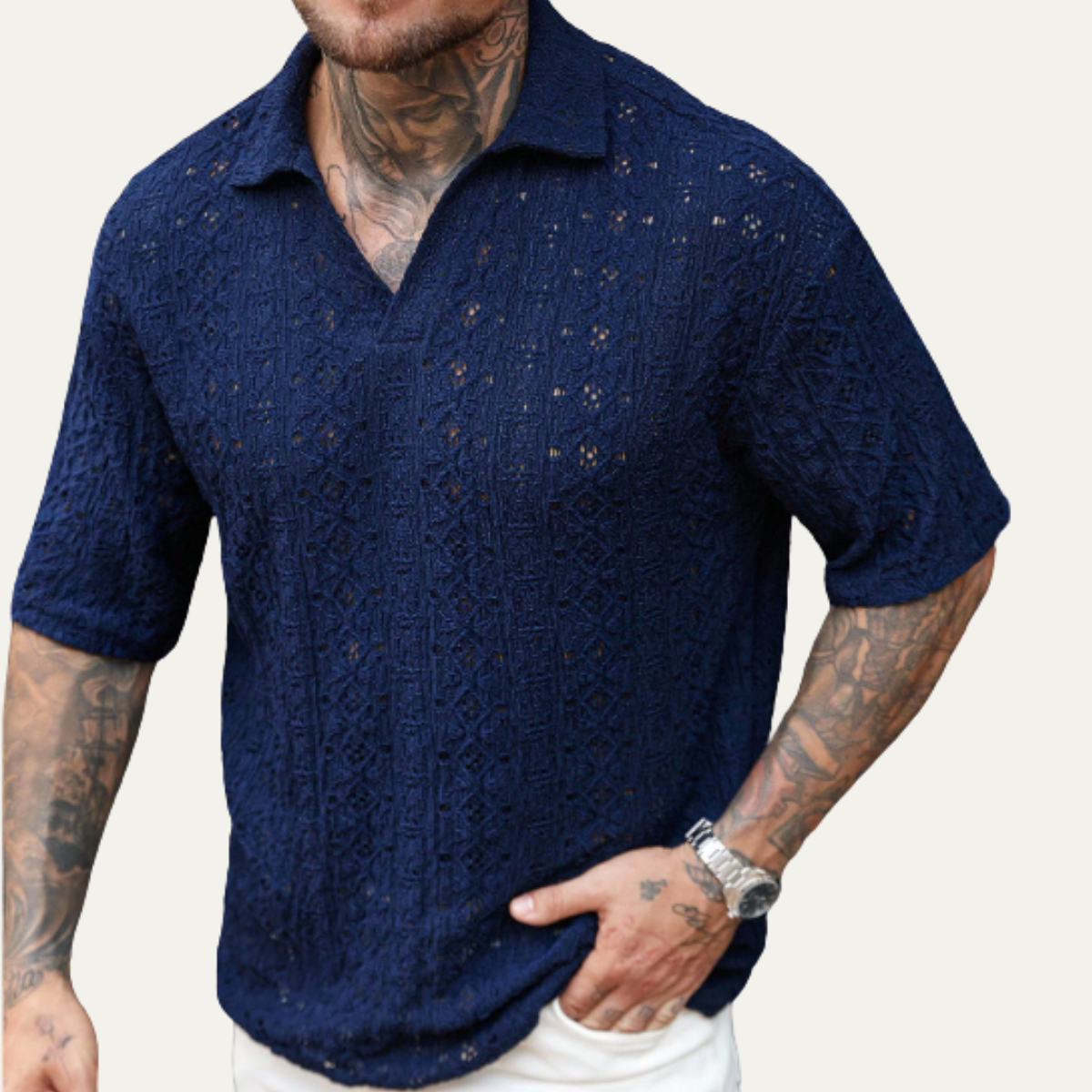 Men's Linen Shirt Crochet Mesh Navy Blue