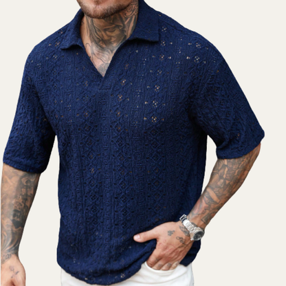 Men's Linen Shirt Crochet Mesh Navy Blue
