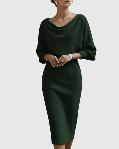 Vivienne Women's Ribbed Midi Dress Cowl Neck Batwing Sleeves