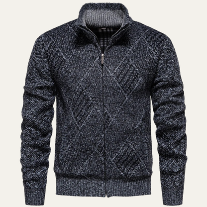 Men's Knit Fleece Cardigan Diamond Pattern Zip Front