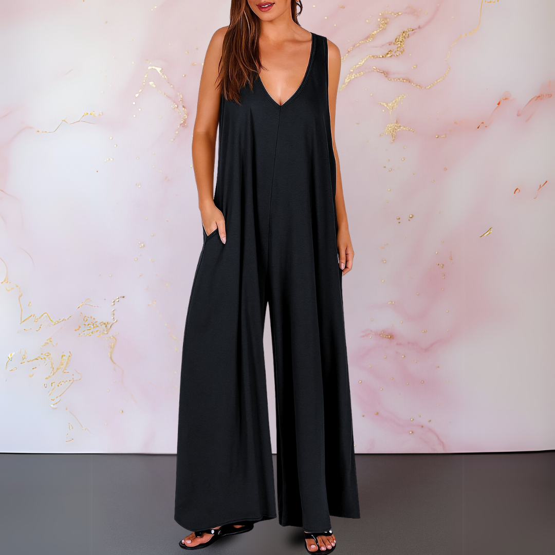 Women's V-Neck Sleeveless Jumpsuit Wide Leg with Pockets - VibreMode