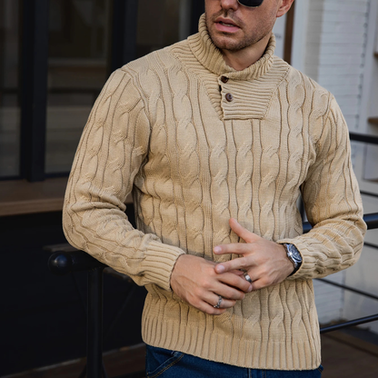 Men's Cable Knit Sweater Shawl Collar Button Neck