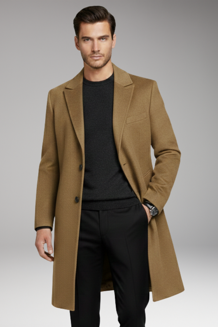 Men's Long Coat Notched Lapel Seam Pockets