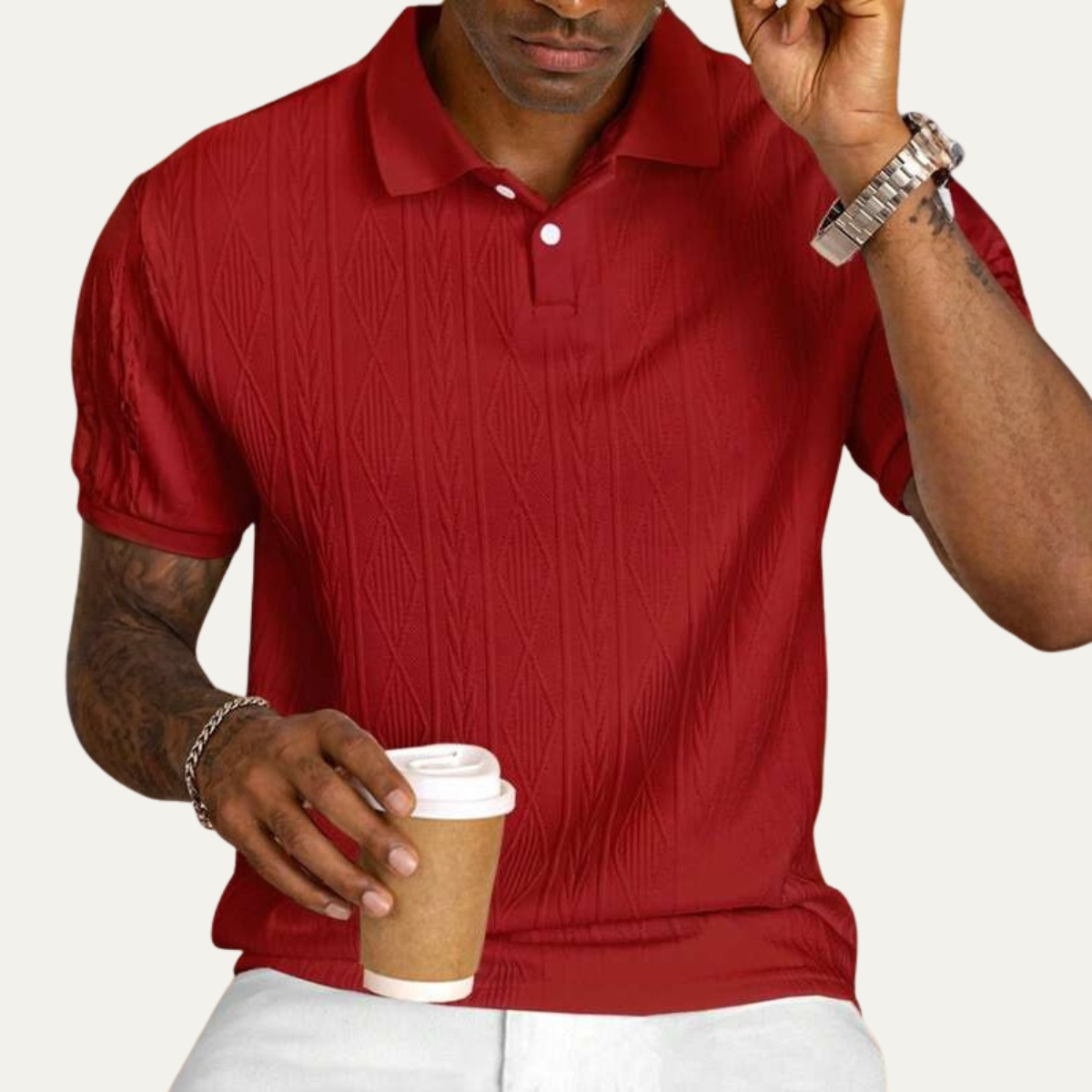 Men's Textured Polo Shirt Casual Button Up