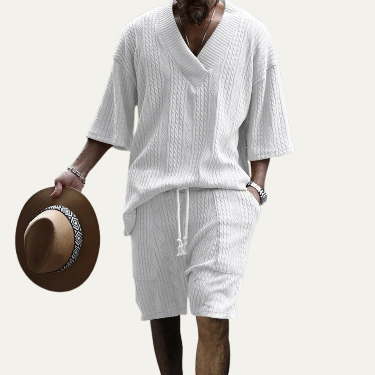 Men's Breathable Knitted Polo Shirt And Shorts Set