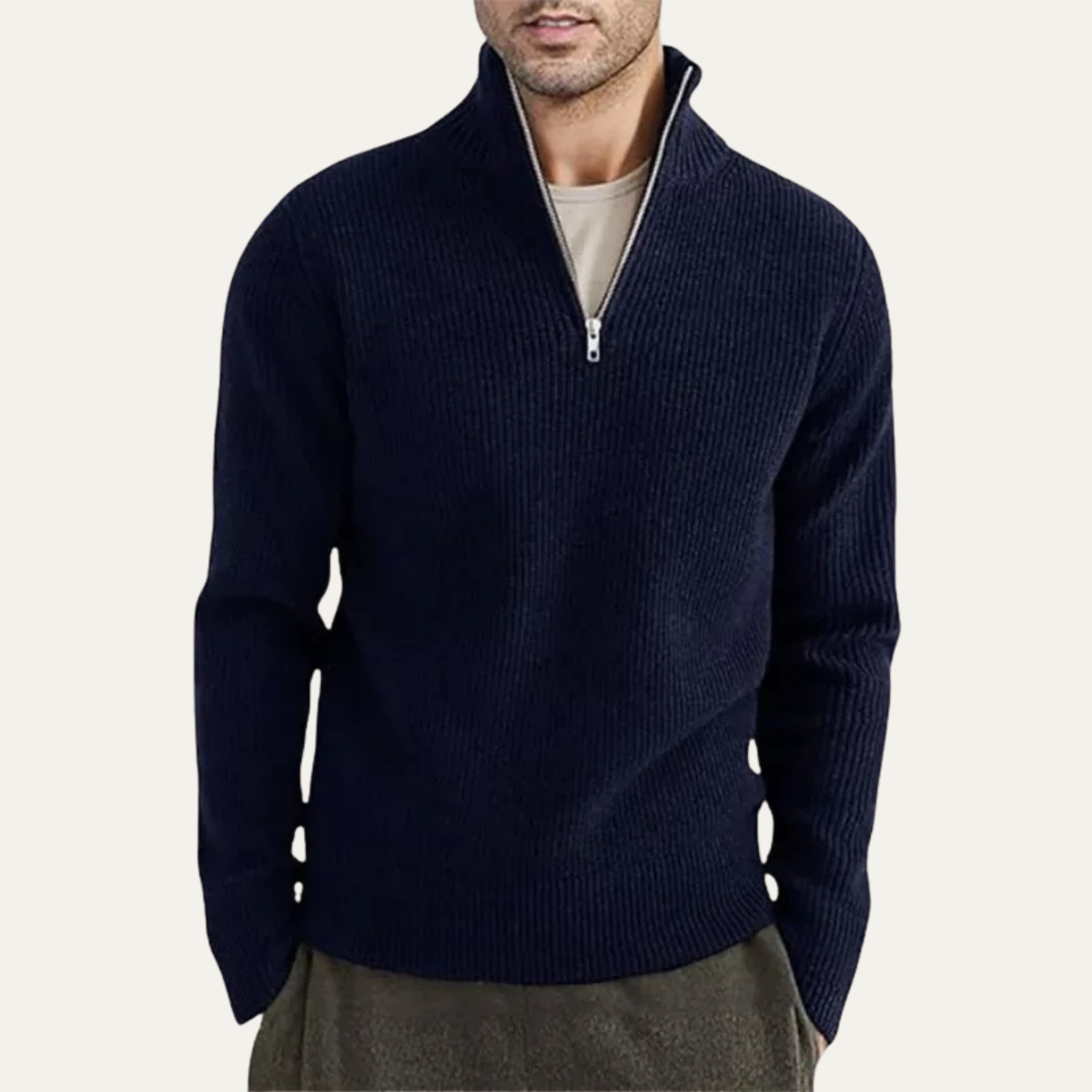 Men's Ribbed Mock Neck Sweater Warm Knit Half Zip