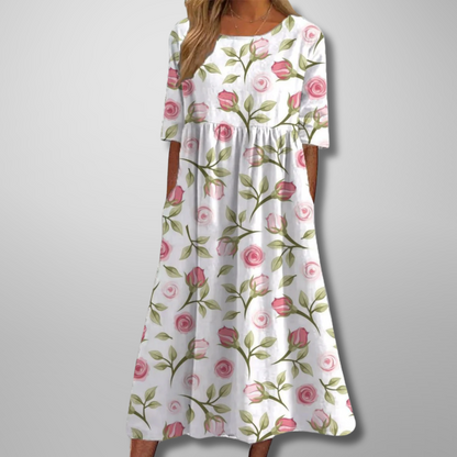 Women's Floral Maxi Dress Short Sleeves Gathered Waist