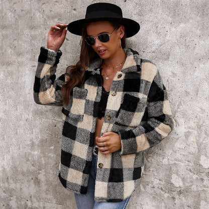 Women's Plush Fur Coat Checkered Warm Winter